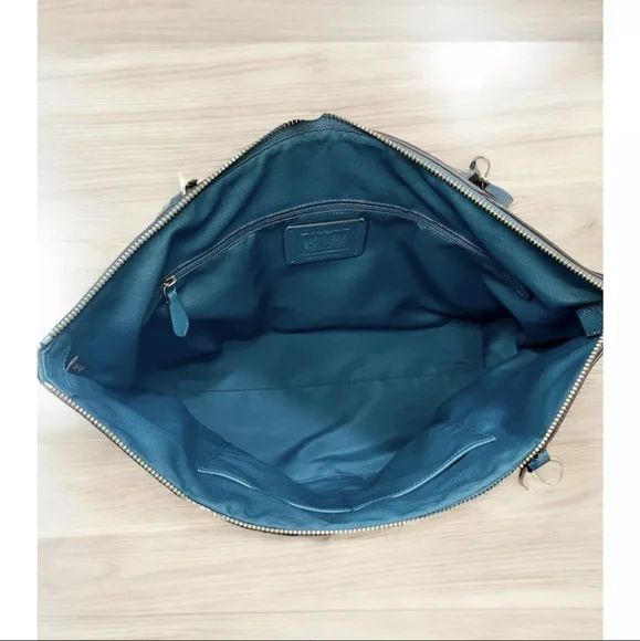 *SOLD* Coach Ava Teal Metallic Glitter Leather Bag Tote Peacock Aqua - Picture 6 of 12
